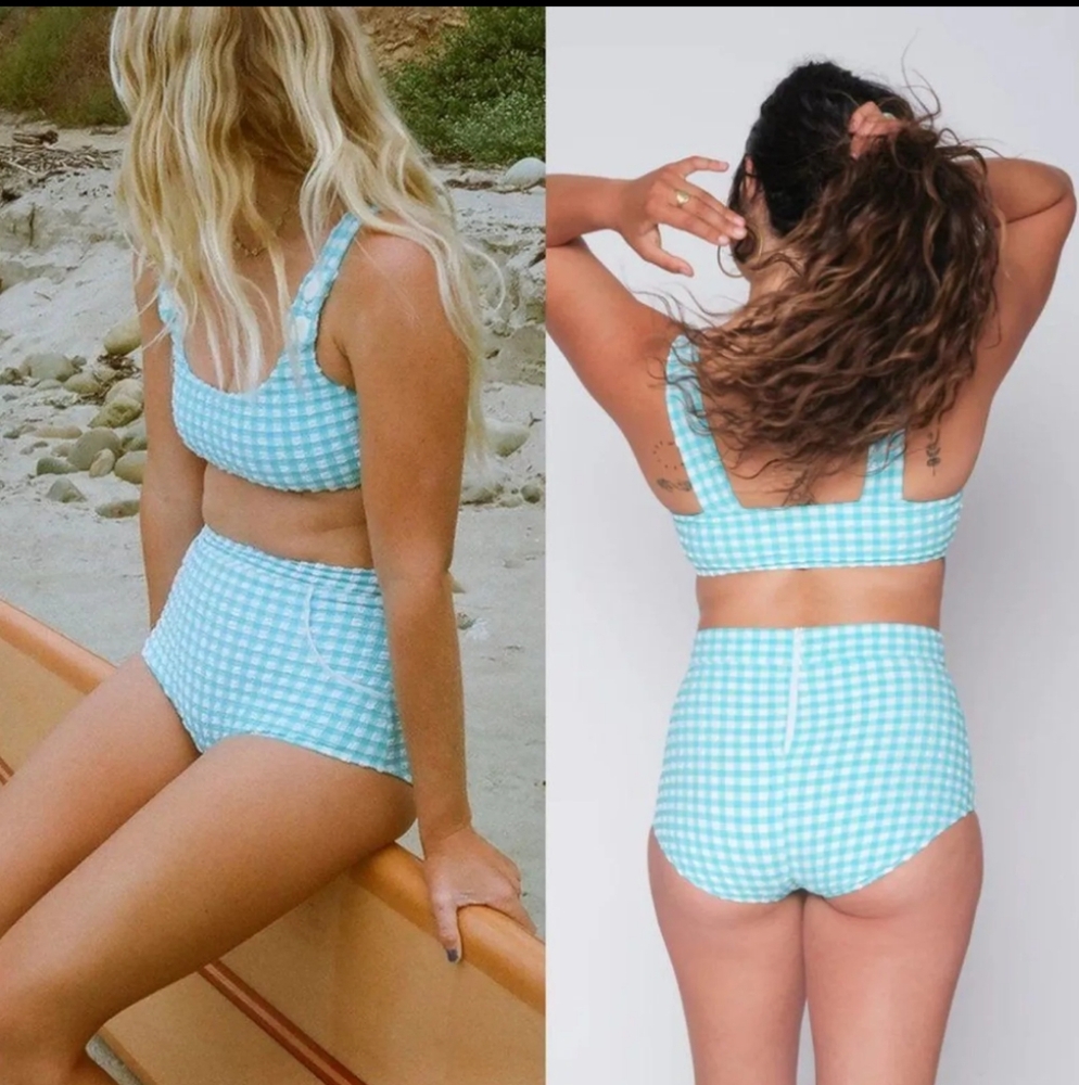Like New Seea Georgia high waist Bikini bottoms aqua blue gingham